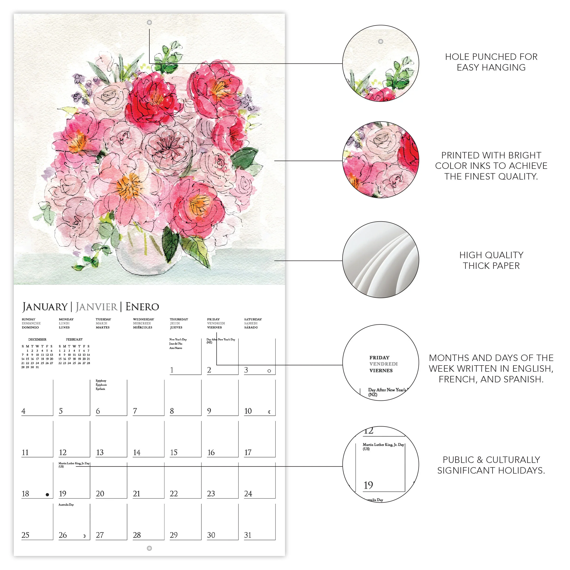 Painted Florals 12 x 12 Wall Calendar - Image 3