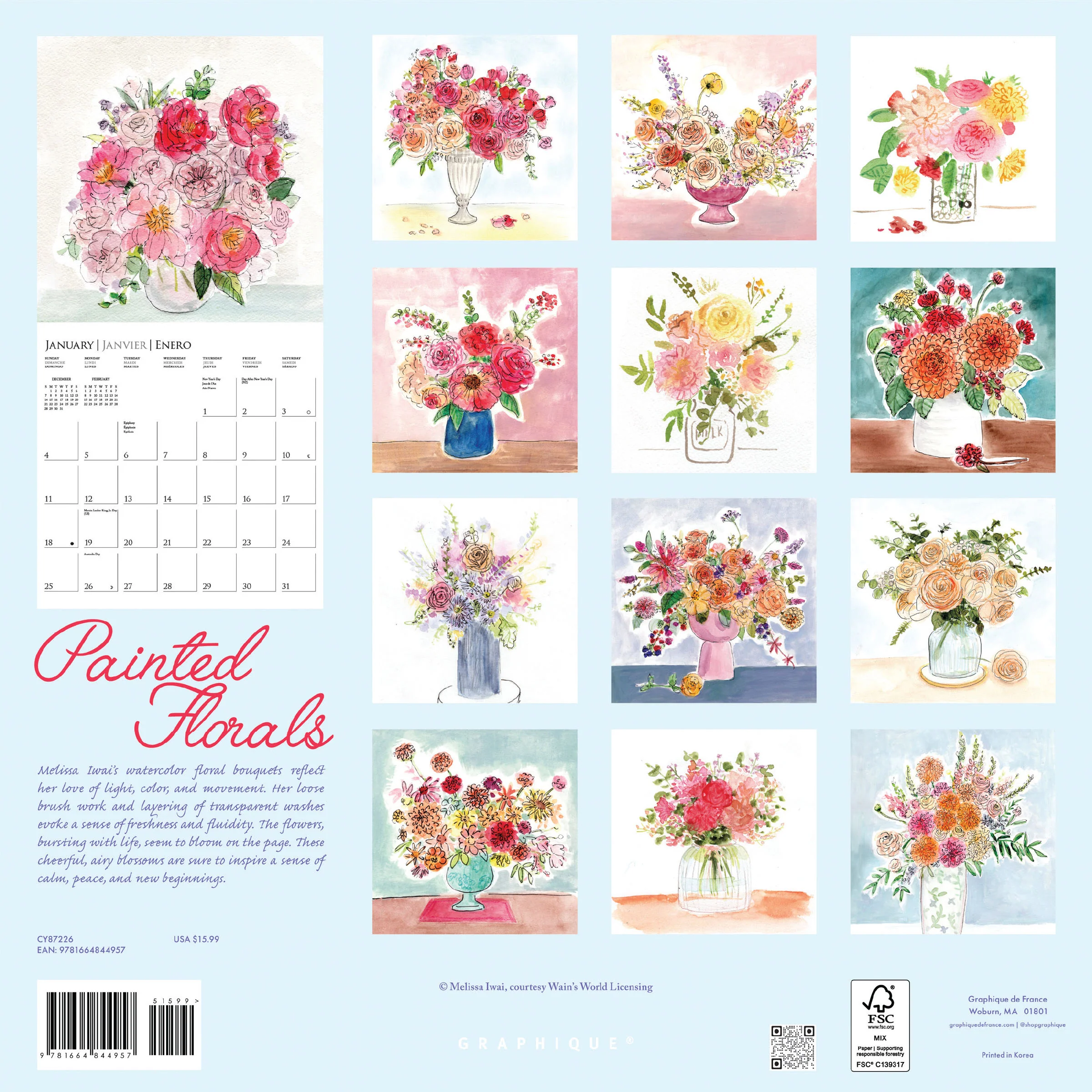 Painted Florals 12 x 12 Wall Calendar - Image 4